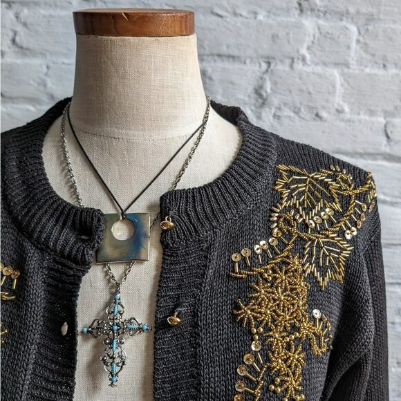 Vintage Black Knit Cardigan Gold Beaded Sweater Glam Goth Granny Chic Top Small - Picture 2 of 7